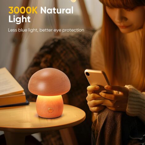 Lampe à champignons en bois, Petite lampe sans fil portable, Lampe à batterie rechargeable, Dimming sans étape, Lumière de nuit pour cadeaux d'anniversaire