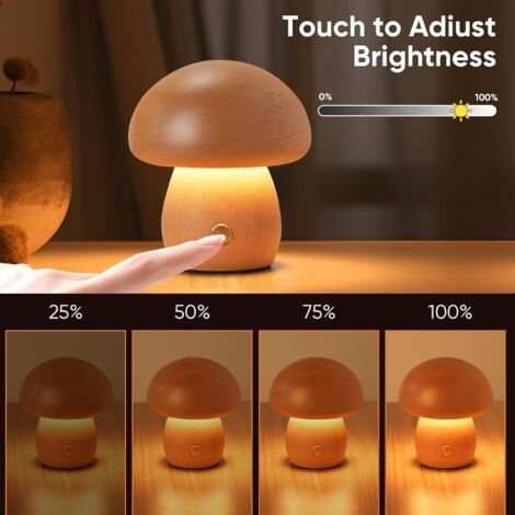 Lampe à champignons en bois, Petite lampe sans fil portable, Lampe à batterie rechargeable, Dimming sans étape, Lumière de nuit pour cadeaux d'anniversaire