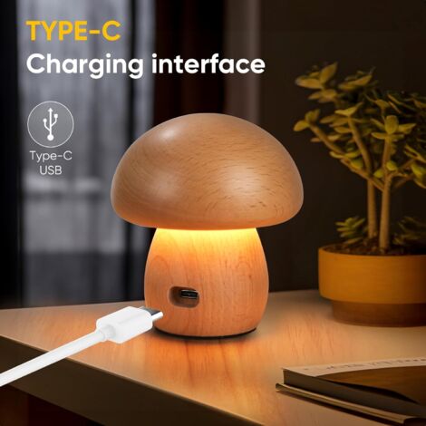 Lampe à champignons en bois, Petite lampe sans fil portable, Lampe à batterie rechargeable, Dimming sans étape, Lumière de nuit pour cadeaux d'anniversaire