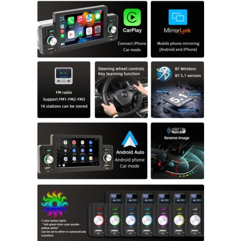 Autoradio Carplay 5 Pouces Bluetooth Appel Mains Libres Carplay Android Auto Écran Tactile Lien Miroir AM/FM/ 3USB/SD Prise en Charge Caméra de recul 1Din