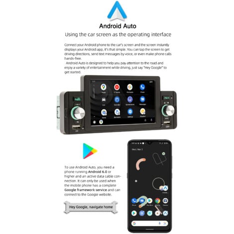 Autoradio Carplay 5 Pouces Bluetooth Appel Mains Libres Carplay Android Auto Écran Tactile Lien Miroir AM/FM/ 3USB/SD Prise en Charge Caméra de recul 1Din