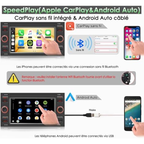 7 Pouces 2 Din Android Autoradio construit dans Carplay, Radio pour Ford Focus/C-Max/S-Max/Galaxy/Fusion/Transit Connect, Radio Dab,Bluetooth,AUX,WiFi,FM,Caméra De Recul, Contrôle au Volant