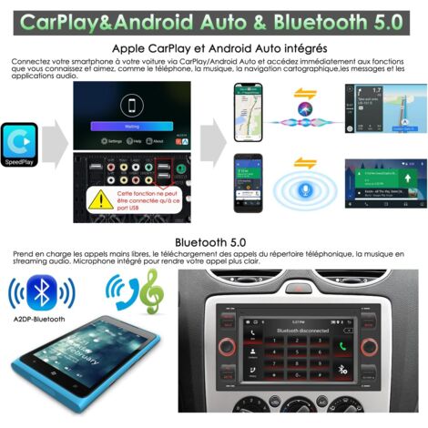 7 Pouces 2 Din Android Autoradio construit dans Carplay, Radio pour Ford Focus/C-Max/S-Max/Galaxy/Fusion/Transit Connect, Radio Dab,Bluetooth,AUX,WiFi,FM,Caméra De Recul, Contrôle au Volant