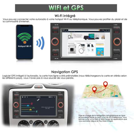 7 Pouces 2 Din Android Autoradio construit dans Carplay, Radio pour Ford Focus/C-Max/S-Max/Galaxy/Fusion/Transit Connect, Radio Dab,Bluetooth,AUX,WiFi,FM,Caméra De Recul, Contrôle au Volant