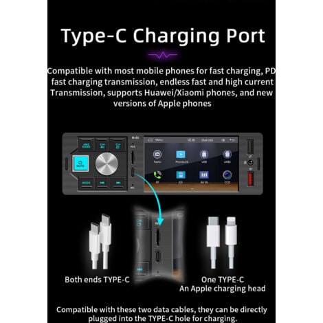 Autoradio Bluetooth Single Din 4,1 pouces écran tactile avec Android Auto/CarPlay/Mirrorlink filaire, prise en charge USB et TYPE-C/appel mains libres Bluetooth/radio FM/USB/carte TF/entrée AUX