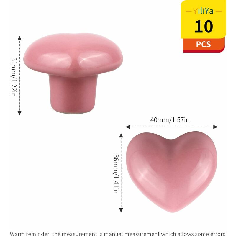 10 Boutons De Tiroir En Céramique Forme Cœur - Rose - Pour Meuble Enfant, Commode, Placard - Avec Vis Incluses