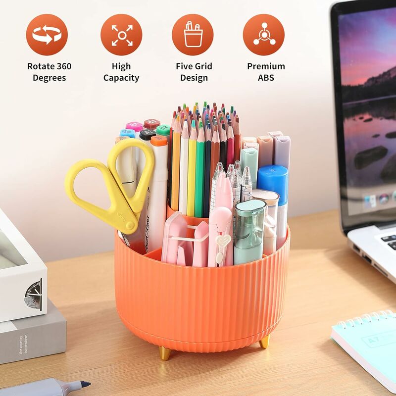 Porte-stylos à crayons de bureau, 5 emplacements, organisateurs de stylos à  crayons rotatifs à 360 ° pour bureau, organisateur de fournitures de  papeterie de rangement de bureau, Orange