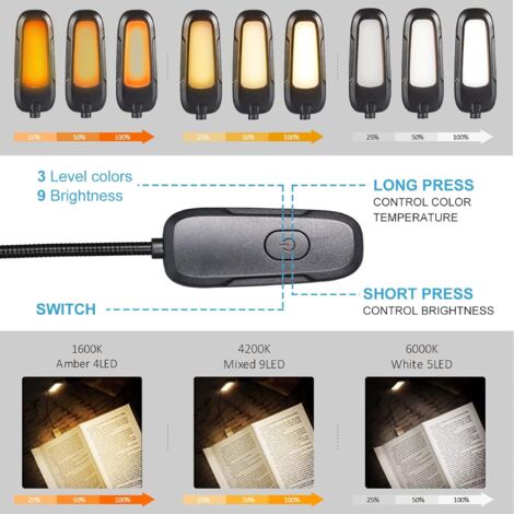 Lampe de Lecture pour Livre, Liseuse Led Rechargeable, 3 Modes de Luminosité x 3 Couleurs (Blanc/Chaud/Blanc Chaud), 360°Cou Flexible, Lampe Liseuse pour Lire des Livres au Lit, Voyage