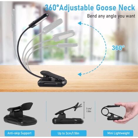 Lampe de Lecture pour Livre, Liseuse Led Rechargeable, 3 Modes de Luminosité x 3 Couleurs (Blanc/Chaud/Blanc Chaud), 360°Cou Flexible, Lampe Liseuse pour Lire des Livres au Lit, Voyage