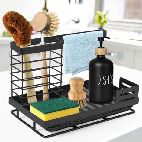 Porte Eponge Evier Cuisine, Organisateur D‘évier en Acier Inoxydable de Rangement pour éponge avec Ustensiles et Bac D‘égouttement, Evier Cuisine Rangement pour Cuisine et Salle de Bain