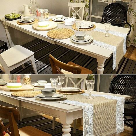 Chemin de Table Toile de Jute et Dentelle pour Mariage Festival Fête Décorations 30 x 275CM