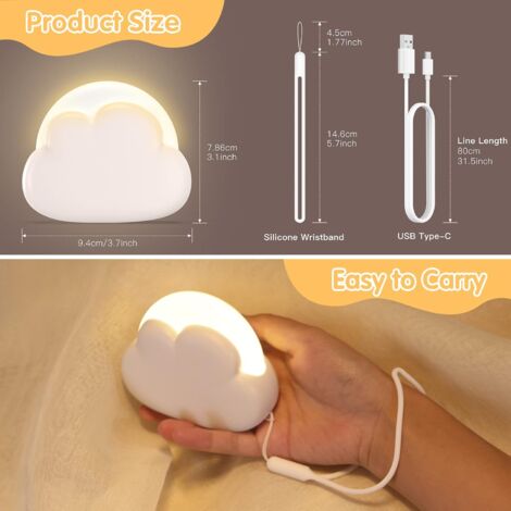 Veilleuse Enfant Nuage, Veilleuse Bébé Nomade, avec 4 Intensité et Lanière en silicone, Veilleuse Led Rechargeable, Lampe de Chevet pour Chambre d'Enfant, idéal pour Bébé et Maman (Blanc)