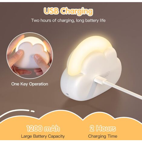 Veilleuse Enfant Nuage, Veilleuse Bébé Nomade, avec 4 Intensité et Lanière en silicone, Veilleuse Led Rechargeable, Lampe de Chevet pour Chambre d'Enfant, idéal pour Bébé et Maman (Blanc)