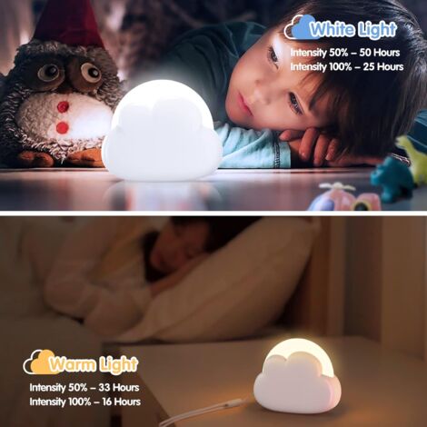 Veilleuse Enfant Nuage, Veilleuse Bébé Nomade, avec 4 Intensité et Lanière en silicone, Veilleuse Led Rechargeable, Lampe de Chevet pour Chambre d'Enfant, idéal pour Bébé et Maman (Blanc)