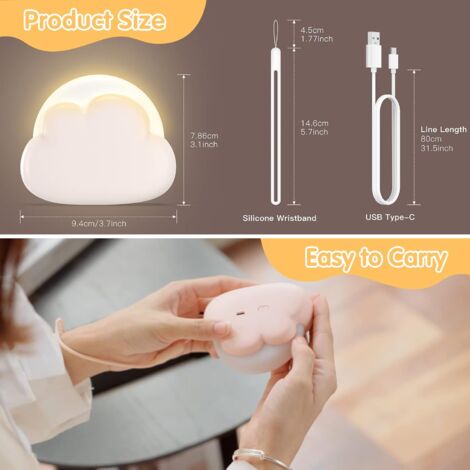 Veilleuse Enfant Nuage, Veilleuse Bébé Nomade, avec 4 Intensité et Lanière en silicone, Veilleuse Led Rechargeable, Lampe de Chevet pour Chambre d'Enfant, idéal pour Bébé et Maman(2 pièces)