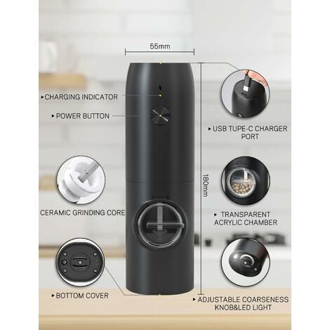 Moulin à Poivre électrique Rechargeable, Moulins Sel Poivre Automatique avec Lumière LED Blanche, Grossièreté Réglable, Opération à Une Main, Idéal pour Cuisine, Restaurant, BBQ, Camping