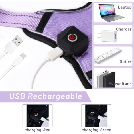 Harnais pour chien lumineux à LED : gilet réglable réfléchissant avec harnais pour animaux de compagnie rechargeable et sans étranglement, poignée de contrôle facile (violet, M)