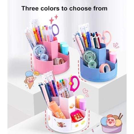 Porte-stylos à crayons de bureau 7 emplacements, organisateurs de stylos à crayons rotatifs à 360 ° pour le rangement de bureau, organisateur de fournitures de papeterie (rose)