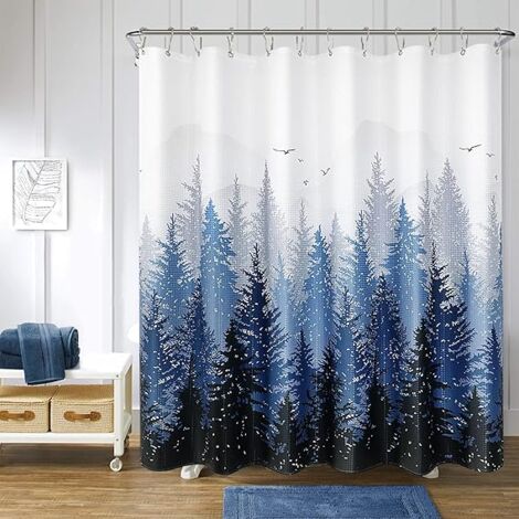 Rideau De Douche 120x180cm MIRRORANG - Motif Montagnes Bleu - Polyester Imperméable - Avec Crochets