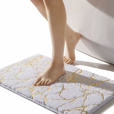 Tapis de salle de bain en marbre blanc et doré, décoratif, antidérapant, super absorbant, en peluche, lavable en machine, pour baignoire, douche, 40,6 x 61 cm