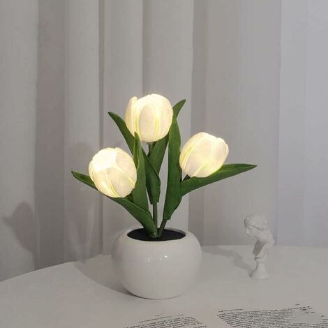 Lampe tulipe 2023 nouveau style, lampe de table LED simulée lampe de nuit tulipe avec vase, lampe de table de bureau pour la maison, le salon, la décoration (blanc)