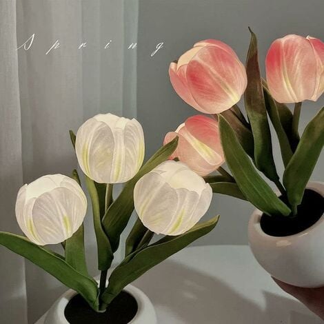 Lampe tulipe 2023 nouveau style, lampe de table LED simulée lampe de nuit tulipe avec vase, lampe de table de bureau pour la maison, le salon, la décoration (blanc)