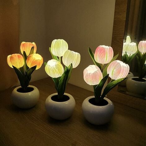 Lampe tulipe 2023 nouveau style, lampe de table LED simulée lampe de nuit tulipe avec vase, lampe de table de bureau pour la maison, le salon, la décoration (blanc)