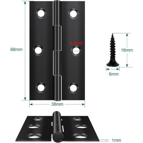 Lot de 8 charnières pliantes 68 mm × 38 mm, charnière en acier inoxydable noir, charnière piano, petite charnière, charnière de porte pour portes, fenêtres, armoires avec 48 vis