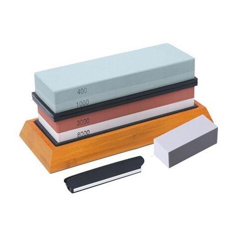 Kit de pierre à aiguiser pour couteaux, grain 4 côtés 400/1000 3000/8000 pierre à eau, base en bambou antidérapante, pierre à plat, guide d'angle et cuir
