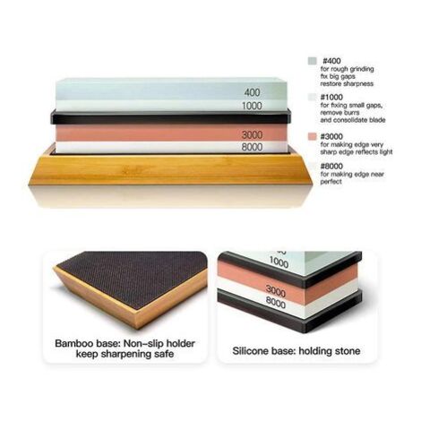 Kit de pierre à aiguiser pour couteaux, grain 4 côtés 400/1000 3000/8000 pierre à eau, base en bambou antidérapante, pierre à plat, guide d'angle et cuir