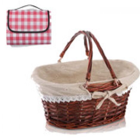 Bekith Panier Pique-Nique En Osier Naturel Avec Doublure Rose Vichy, Poignées Pliantes, Grand Format 32,5x20x16,5 Cm