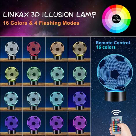 Veilleuse Cadeau Foot Garcon Enfants Fille,  Football Veilleuse Enfant 3D Lampe Optique Illusion Decoration Chambre 16 Couleurs Changeantes Cadeau d'anniversaire Nol pour Fan de Foot