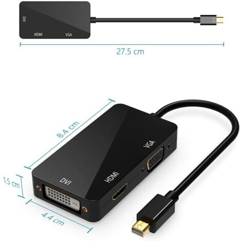 Adaptateur Thunderbolt 3-en-1 Mini Displayport vers HDMI DVI VGA Noir