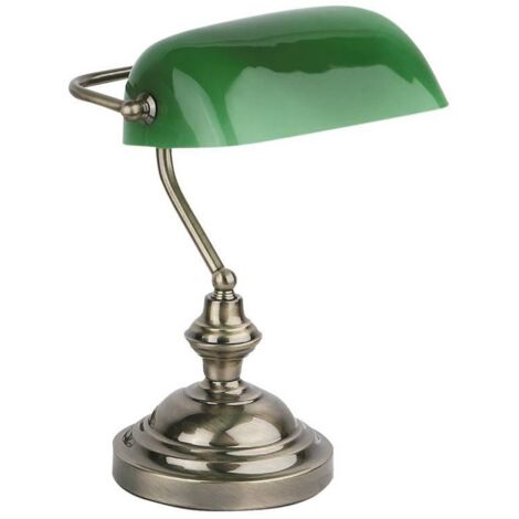 Faro Barcelona BANKER Tischlampe – Antik Goldene Stehlampe Mit Grünem Schirm, E27 Fassung