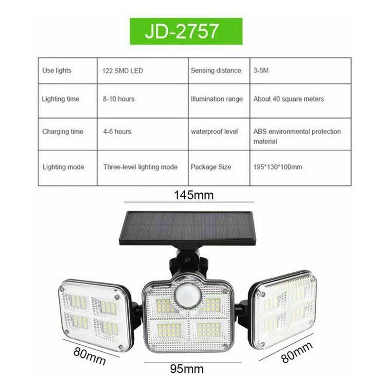 Lumière Solaire Extérieure avec Détecteur de Mouvement: 122LEDs Lampe  Solaire Exterieur,IP65 Étanche Projecteur Solaire, avec Câble de 5 m 3 Modes  Spot Solaire Convient pour l'intérieur et l'extérieur : :  Luminaires et