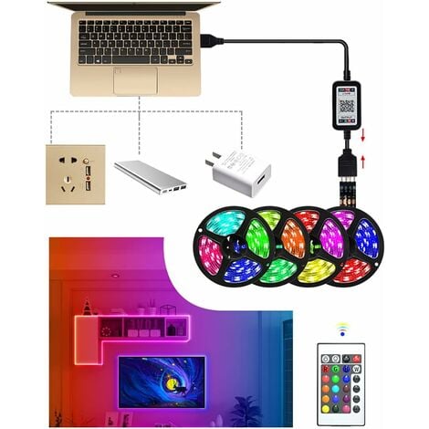 Ruban LED 5m USB chambre bande leds decoration 5050 RGB Lumiere Bluetooth  avec App Contrôle Ruban Auto-adhésif pour Chambre Maison Cuisine