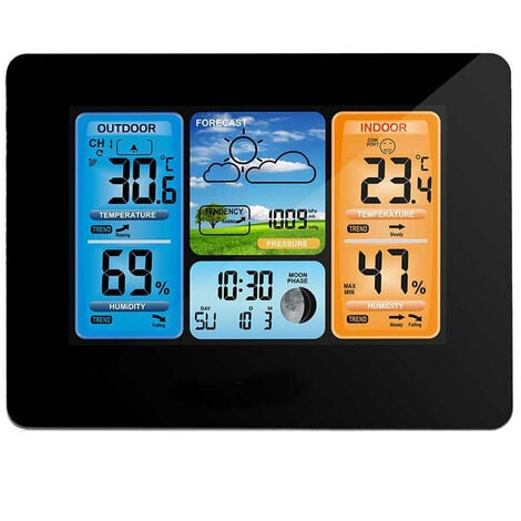 Station météo sans Fil avec Alerte et la température/humidité/baromètre/ Alarme/Horloge Lunaire/météo avec capteur extérieur numérique à Affichage  des Couleurs