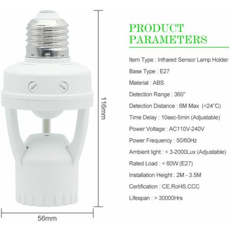 Douille de lampe avec détecteur de mouvement PIR 360° E27 Support de l'ampoule avec détecteur de mouvement détection de sécurité E27 Capteur de Mouvements