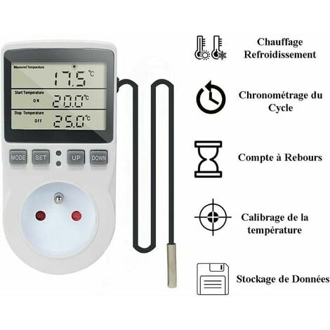 Prise Thermostat, Regulateur de Temperature, Chauffage Refroidissement  Thermostat, Regulateur Numérique Thermostat avec Sonde, LCD Prise Contrôleur
