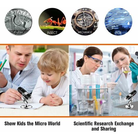 Microscope numérique USB 40X à 1000X Caméra endoscope à grossissement 8 LED avec étui de transport et support en métal Compatible pour Android Windows 7 8 10