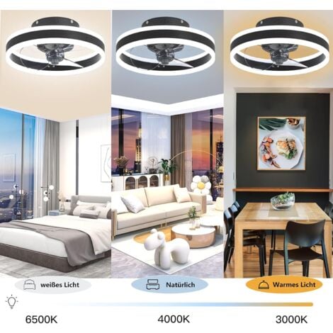 Ventilateur de plafond avec éclairage, silencieux, moderne à LED avec télécommande, minuteur, plafonnier, ventilateur pour salon, salle à manger (couleur : noir, taille : 40 cm)