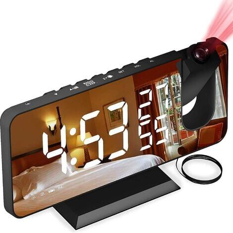 Radio-réveil, projecteur de temps, réglage de la luminosité, numérique, radio FM, double réveil, affichage grand écran LED, horloge électronique de température et d'humidité, noir