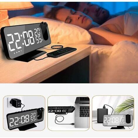 Radio-réveil, projecteur de temps, réglage de la luminosité, numérique, radio FM, double réveil, affichage grand écran LED, horloge électronique de température et d'humidité, noir