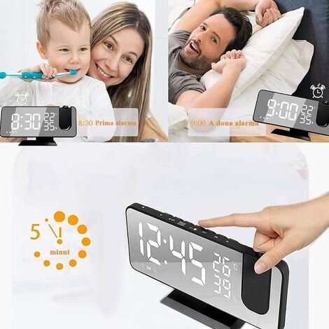 Radio-réveil, projecteur de temps, réglage de la luminosité, numérique, radio FM, double réveil, affichage grand écran LED, horloge électronique de température et d'humidité, noir
