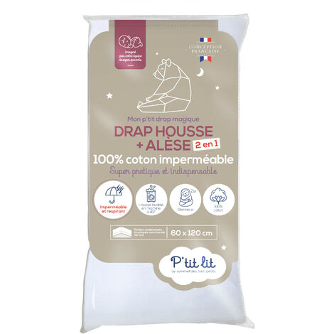 P'tit lit - Protège Matelas Bébé 2 en 1 Alèse + Drap Housse 60x120 cm Imperméable - 100% Coton - Souple et Silencieux - Respirant - Oeko Tex® - Blanc