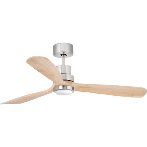 Faro Barcelona – Ventilateur de plafond nickel mat avec lumière intégrée – Pales en bois de pin – 6 vitesses – Moteur DC – 132 cm – 33560DC