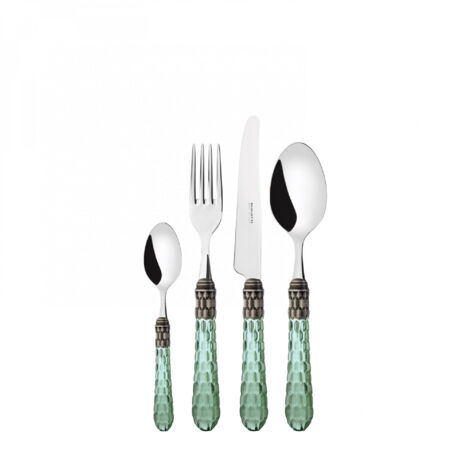 24 pièces couverts ensemble dans un boîtier en bois vert transparent Cristallo ghiera argento antico Bugatti