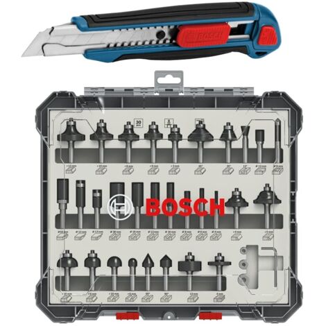 Bosch Fräser Set Mixed 30 teilig 8 mm Schaft für Oberfräsen + Gratis Cuttermesser