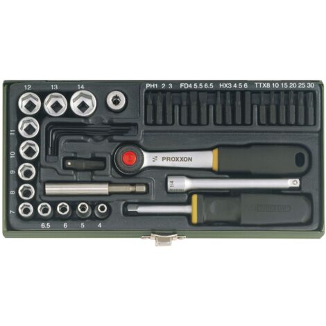 Proxxon Schraubersatz mit 1/4"-Ratsche und Magnethalter, 39-teilig.