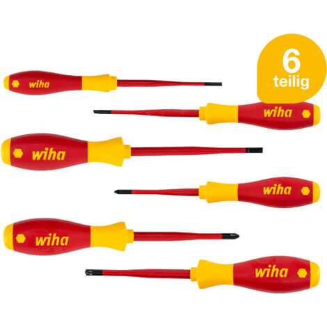 Wiha Schraubendreher Set SoftFinish® electric slimFix (38362), 6 tlg., Schraubenzieher Satz VDE für Elektriker, für tiefliegende Schrauben, Schlitz/ Phillips/ Pozidriv PlusMinus (SL/PZ)